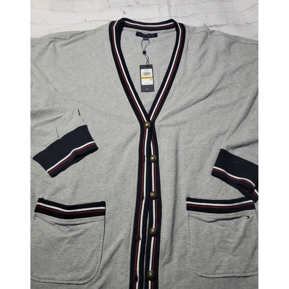 Tommy Hilfiger Mens 3X Gray Varsity Cardigan Sweater Striped Trim W9KE0686 NWT‎